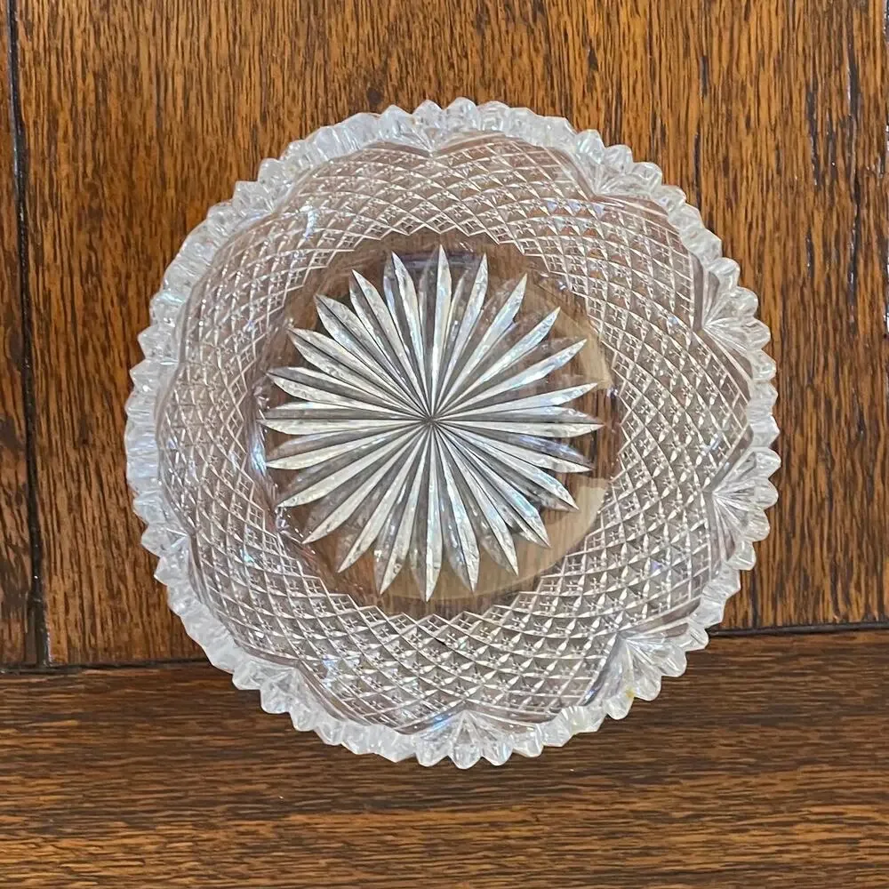 Vintage Etched Crystal Bowl and Plate, Sawtooth Scalloped Edge, Set of 2